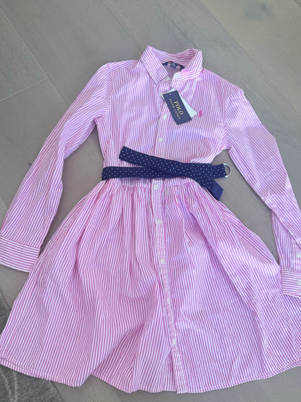 Ralph Lauren Pink and White Striped Shirt Dress with Navy Belt